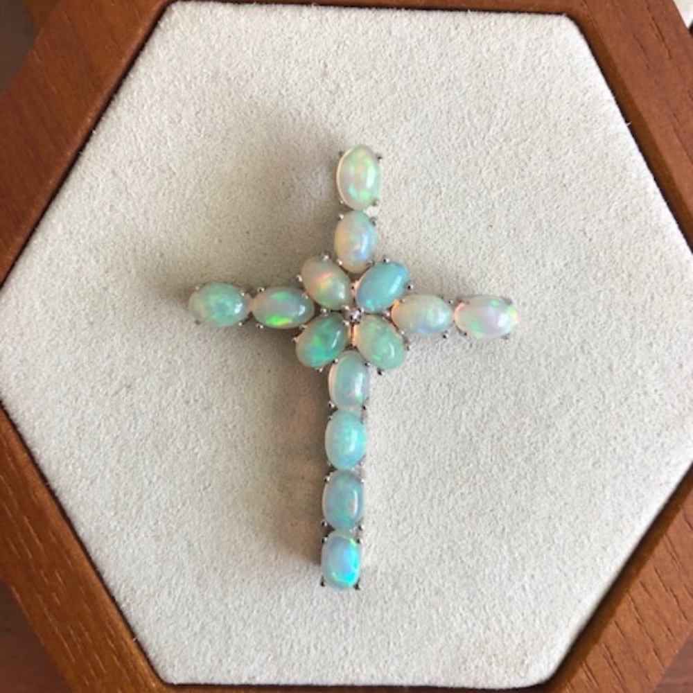 .925 Sterling Silver 💎 Genuine Gemstone Ethiopian OPAL Cross Pendant